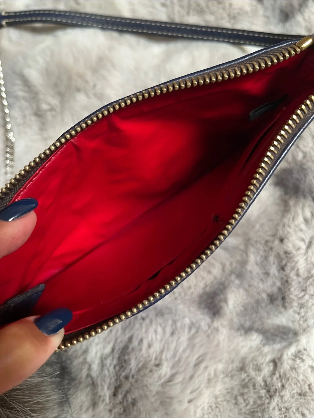 Dooney & Bourke Navy Pebbled Leather Wristlet with Fur Pom